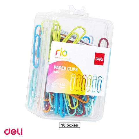 Agrafe de birou - Set 10 cutii de plastic cu agrafe Deli din metal, 29 mm, 100 bucati pe cutie, colorate