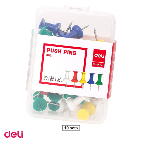 Pioneze si accesorii pentru fixare - Set 10 cutii pioneze Deli pentru panou de pluta, 23 mm, 35 bucati pe cutie, culori asortate