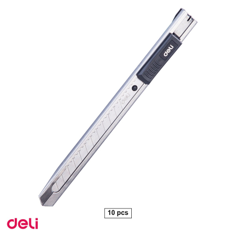 Unelte de mana - Set 10 cuttere mici metalice Deli cu sina si protectie, lama din inox 9 mm, 125x15x11 mm