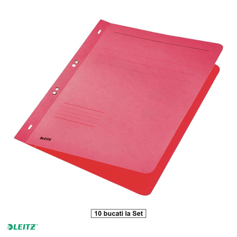Dosare - Set 10 dosare cu sina Leitz 1/1, carton, A4, cu capse, capacitate 170 coli, pentru arhivare, rosu