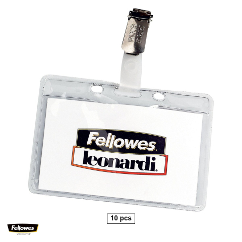 Accesorii prezentare - Set 10 ecusoane orizontale flexibile transparente cu Clip Metalic pentru Badge-uri si Carduri, 99x73mm, Model Fellowes 453M