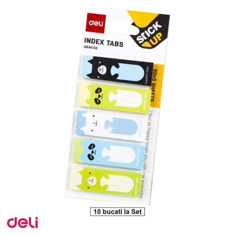Birotica papetarie - Set 10 indexuri adezive hartie Deli, modele animale si buline, 45x15mm, 30 file, repozitionabil