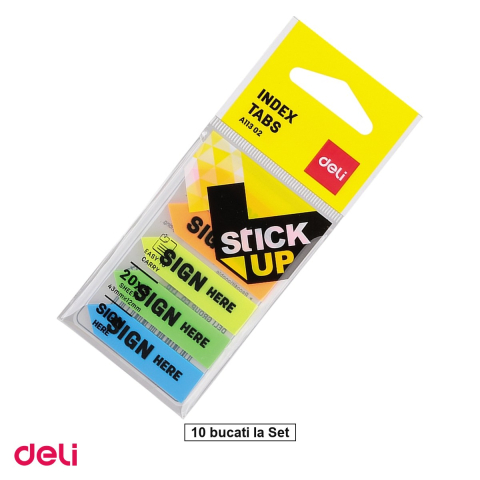 Birotica papetarie - Set 10 indexuri adezive plastic Sign Here Deli, 44x12mm, 5 culori, 20 file per culoare, cu suport plastic inclus