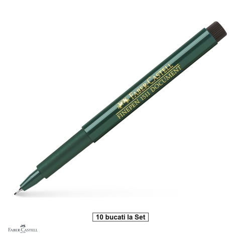 Instrumente de scris - Set 10 linere Faber-Castell Finepen 1511, varf 0,4 mm montat in metal, cerneala pe baza de apa, rezistenta pentru documente, negru