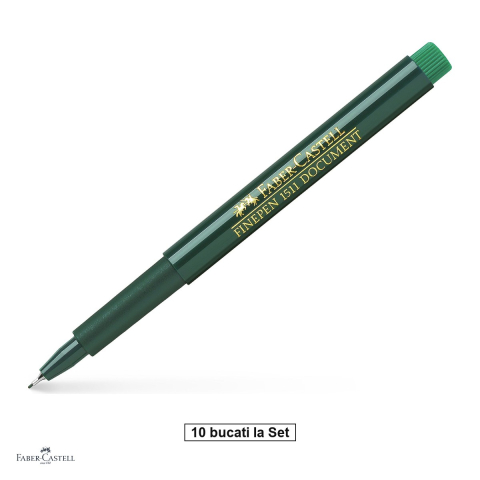 Instrumente de scris - Set 10 linere Faber-Castell Finepen 1511, varf 0,4 mm montat in metal, cerneala pe baza de apa, rezistenta pentru documente, verde