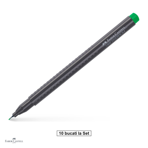 Instrumente de scris - Set 10 linere Faber-Castell Grip Finepen, varf 0,4 mm montat in metal, cerneala pe baza de colorant alimentar, forma triunghiulara cu zona Grip, se spala din textile, verde smarald, antiderapante