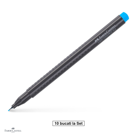 Instrumente de scris - Set 10 linere Faber-Castell Grip Finepen, varf 0,4 mm montat in metal, cerneala pe baza de colorant alimentar, forma triunghiulara cu zona Grip, se spala din textile, albastru deschis, antiderapante