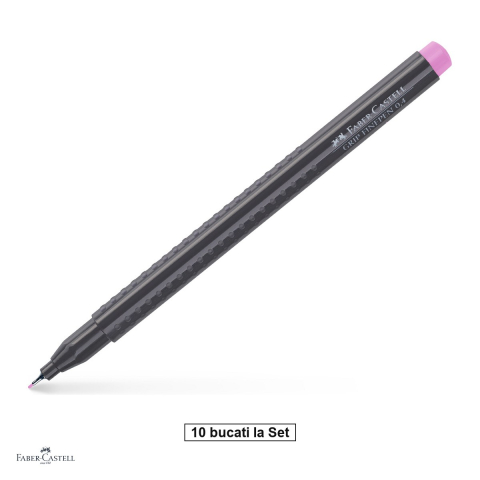 Instrumente de scris - Set 10 linere Faber-Castell Grip Finepen, varf 0,4 mm montat in metal, cerneala pe baza de colorant alimentar, forma triunghiulara cu zona Grip, se spala din textile, magenta deschis, antiderapante