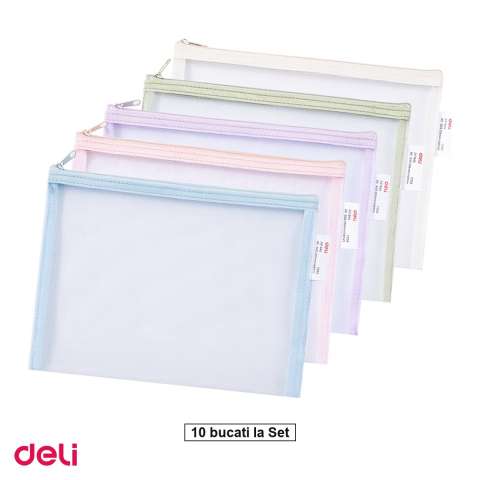 Mape, serviete si clipboarduri - Set 10 mape protectie cu fermoar Deli, format A5, mesh poliester, pentru organizare documente