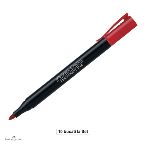 Birotica papetarie - Set 10 markere permanente Faber-Castell Slim Permanent, varf rotund fin, pentru majoritatea suprafetelor, rosu