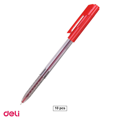 Pixuri - Set 10 pixuri de unica folosinta Deli Arrow, varf 0.7 mm, cerneala rosie