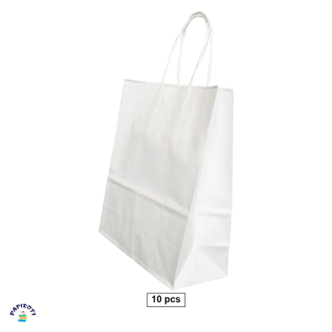 Ambalaje cadouri - Set 10 pungi cadou Papiroti, din hartie, cu maner rasucit, alb, 14x8x21 cm