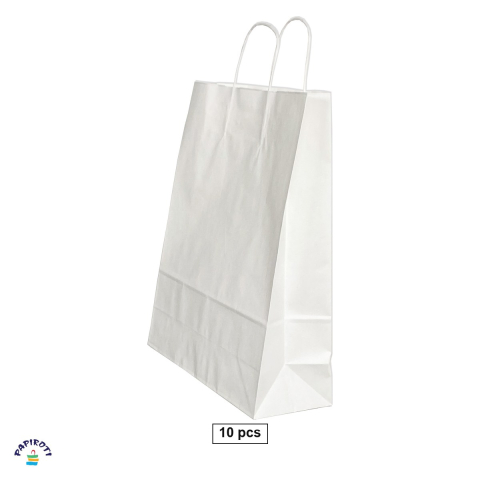 Ambalaje cadouri - Set 10 pungi cadou Papiroti, din hartie, cu maner rasucit, alb, 26x12x35 cm