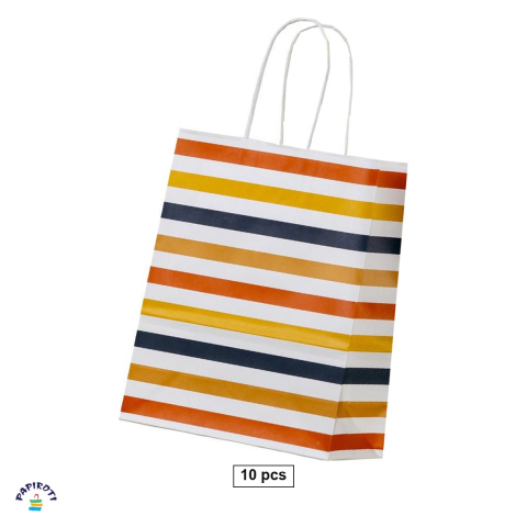 Ambalaje cadouri - Set 10 pungi cadou Papiroti, din hartie, cu maner rasucit, alb, cu striatii, 26x12x35 cm