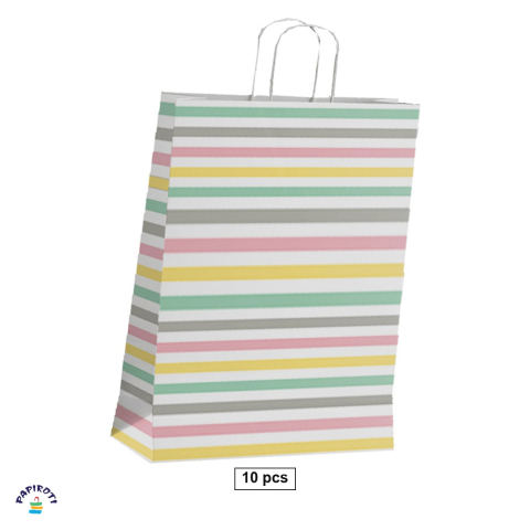 Ambalaje cadouri - Set 10 pungi cadou Papiroti, din hartie, cu maner rasucit, alb, cu striatii pastel, 26x12x35 cm