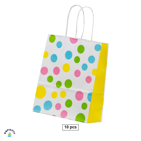 Ambalaje cadouri - Set 10 pungi cadou Papiroti, din hartie, cu maner rasucit, alb, model cu confeti, 32x12x41 cm