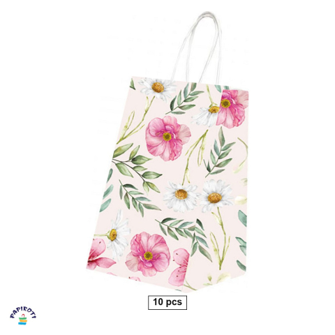 Ambalaj birou - Set 10 pungi cadou Papiroti, din hartie, cu maner rasucit, alb, model cu flori, 18x8x22 cm