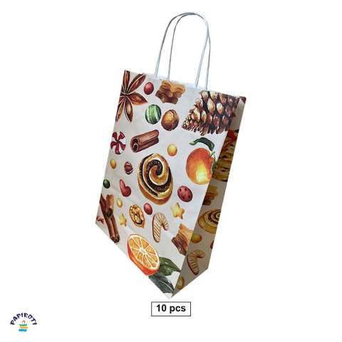 Ambalaj birou - Set 10 pungi cadou Papiroti, din hartie, cu maner rasucit, alb, model de Craciun cu prajituri, 32x12x41 cm
