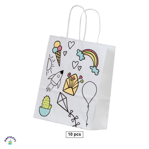 Ambalaje cadouri - Set 10 pungi cadou Papiroti, din hartie, cu maner rasucit, alb, model pentru copii, 26x12x35 cm