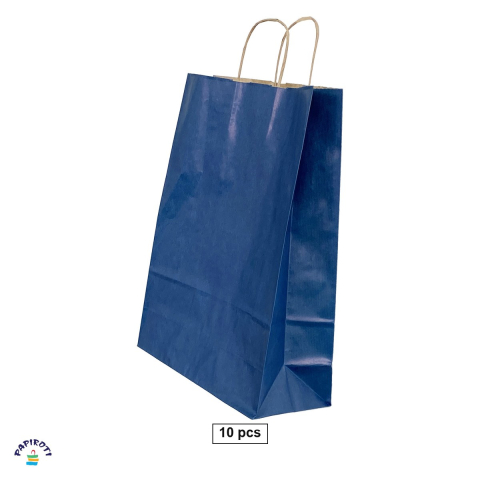 Ambalaje cadouri - Set 10 pungi cadou Papiroti, din hartie, cu maner rasucit, albastru cu dungi, interior maro, 32x12x41 cm