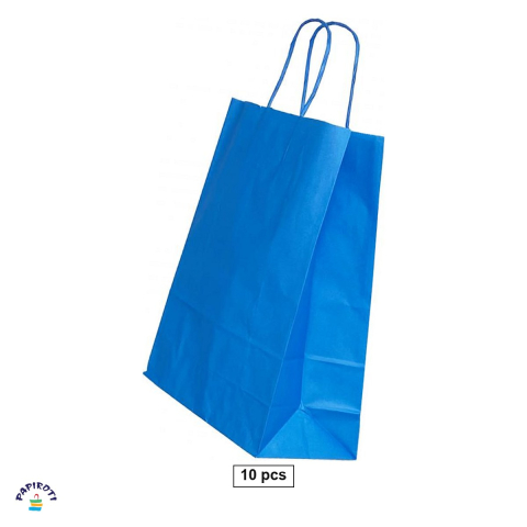 Ambalaje cadouri - Set 10 pungi cadou Papiroti, din hartie, cu maner rasucit, albastru, interior alb, 22x10x31 cm