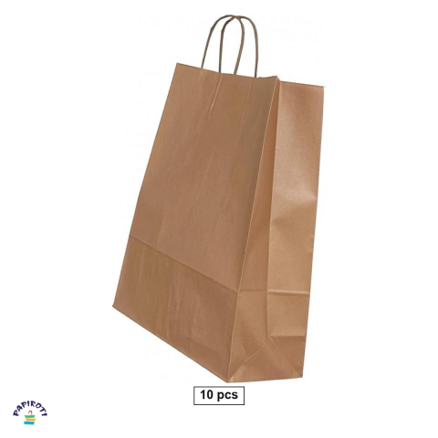 Ambalaje cadouri - Set 10 pungi cadou Papiroti, din hartie, cu maner rasucit, bronz, interior alb, 22x10x31 cm