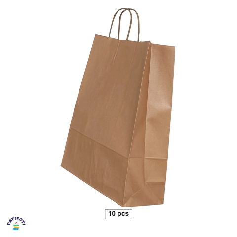 Ambalaje cadouri - Set 10 pungi cadou Papiroti, din hartie, cu maner rasucit, bronz, interior alb, 32x12x41 cm