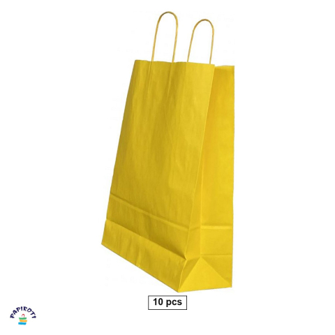 Ambalaje cadouri - Set 10 pungi cadou Papiroti, din hartie, cu maner rasucit, galben intens, interior alb, 22x10x31 cm