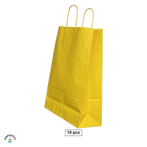 Ambalaje cadouri - Set 10 pungi cadou Papiroti, din hartie, cu maner rasucit, galben, interior alb, 32x12x41 cm