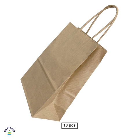 Ambalaje cadouri - Set 10 pungi cadou Papiroti, din hartie, cu maner rasucit, maro, 14x8x21 cm