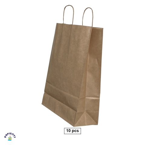Ambalaje cadouri - Set 10 pungi cadou Papiroti, din hartie, cu maner rasucit, maro, 22x10x31 cm