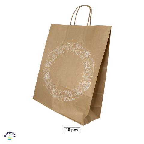 Ambalaje cadouri - Set 10 pungi cadou Papiroti, din hartie, cu maner rasucit, maro, model de Craciun, 32x12x41 cm