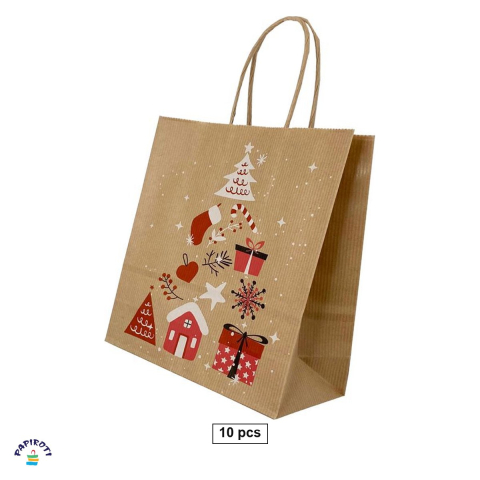 Ambalaj birou - Set 10 pungi cadou Papiroti, din hartie, cu maner rasucit, maro, model de Craciun cu copac, 26x12x35 cm