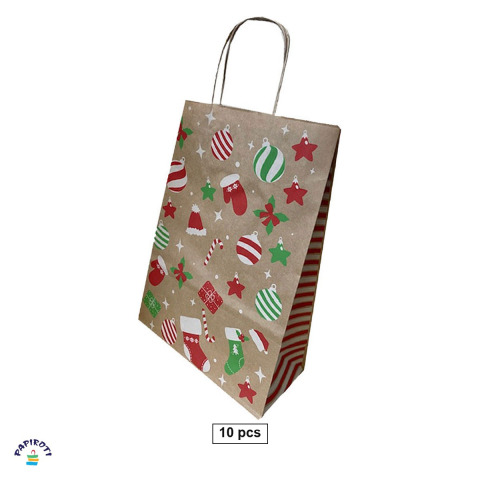 Ambalaj birou - Set 10 pungi cadou Papiroti, din hartie, cu maner rasucit, maro, model de Craciun cu glob, 26x12x35 cm