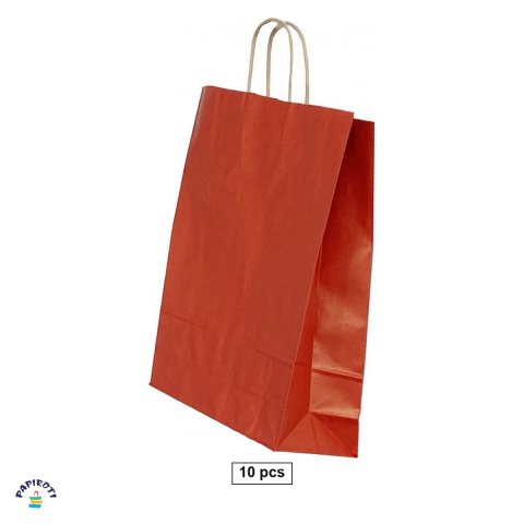 Ambalaje cadouri - Set 10 pungi cadou Papiroti, din hartie, cu maner rasucit, rosu cu dungi, interior maro, 22x10x31 cm