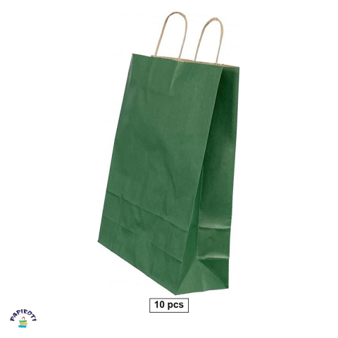 Ambalaje cadouri - Set 10 pungi cadou Papiroti, din hartie, cu maner rasucit, verde cu dungi, interior maro, 22x10x31 cm