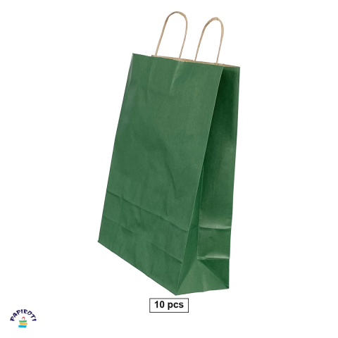 Ambalaje cadouri - Set 10 pungi cadou Papiroti, din hartie, cu maner rasucit, verde cu dungi, interior maro, 32x12x41 cm