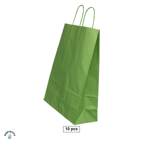Ambalaje cadouri - Set 10 pungi cadou Papiroti, din hartie, cu maner rasucit, verde, interior alb, 32x12x41 cm
