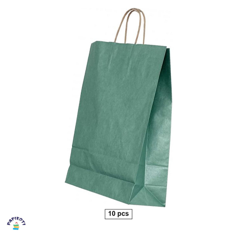 Ambalaje cadouri - Set 10 pungi cadou Papiroti, din hartie, cu maner rasucit, verde, interior maro, 18x8x22 cm