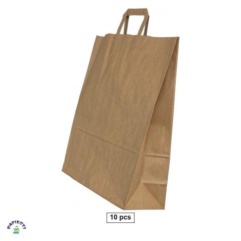 Ambalaje cadouri - Set 10 pungi cadou Papiroti, din hartie reciclata, cu maner lat, maro, 32x12x41 cm