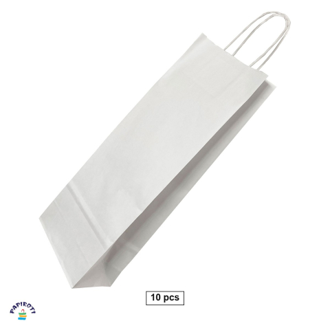Ambalaje cadouri - Set 10 pungi cadou Papiroti, pentru sticle, din hartie, cu maner rasucit, alb, 14x8x39 cm