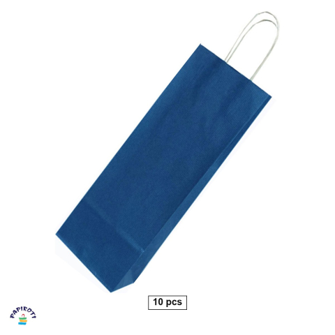 Ambalaje cadouri - Set 10 pungi cadou Papiroti, pentru sticle, din hartie, cu maner rasucit, albastru, interior alb, 14x8x39 cm
