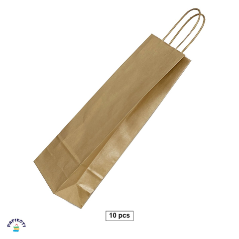 Ambalaje cadouri - Set 10 pungi cadou Papiroti, pentru sticle, din hartie, cu maner rasucit, auriu, interior alb, 14x8x39 cm