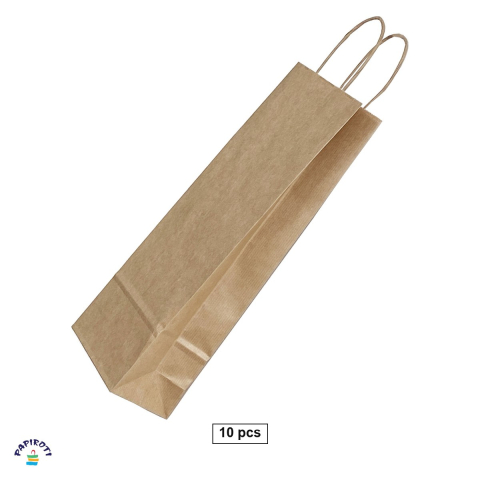 Ambalaje cadouri - Set 10 pungi cadou Papiroti, pentru sticle, din hartie, cu maner rasucit, maro cu dungi, 14x8x39 cm