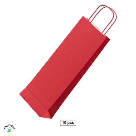 Ambalaje cadouri - Set 10 pungi cadou Papiroti, pentru sticle, din hartie, cu maner rasucit, rosu, interior alb, 14x8x39 cm