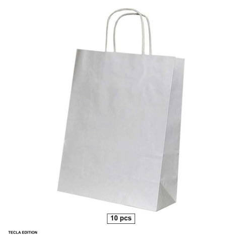 Ambalaje cadouri - Set 10 pungi de hartie, cu maner rasucit, alb, 32x12x41 cm