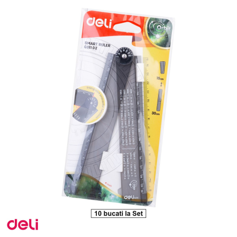 Instrumente de geometrie - Set 10 rigle pliabile Deli Smart 30 cm, cu raportor integrat si formule matematice imprimate, pentru elevi