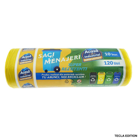 Saci menajeri - Set 10 saci menajeri 120L pentru colectare selectiva din materiale reciclate, dimensiuni 68 x 114 cm, galbeni