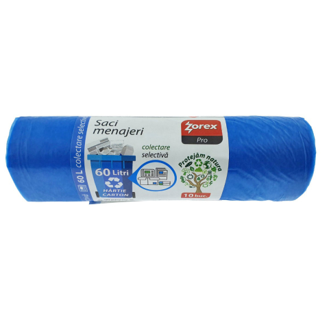 Saci menajeri - Set 10 saci menajeri Zorex Pro 60L pentru colectare selectiva hartie si carton, LDPE, dimensiuni 60 x 65 cm, albastri