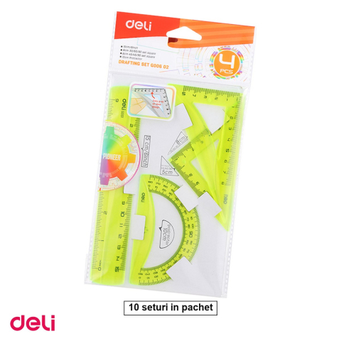 Instrumente de geometrie - Set 10 seturi geometrie deli color fluorescent 4 piese, rigla echer raportor, pentru scoala